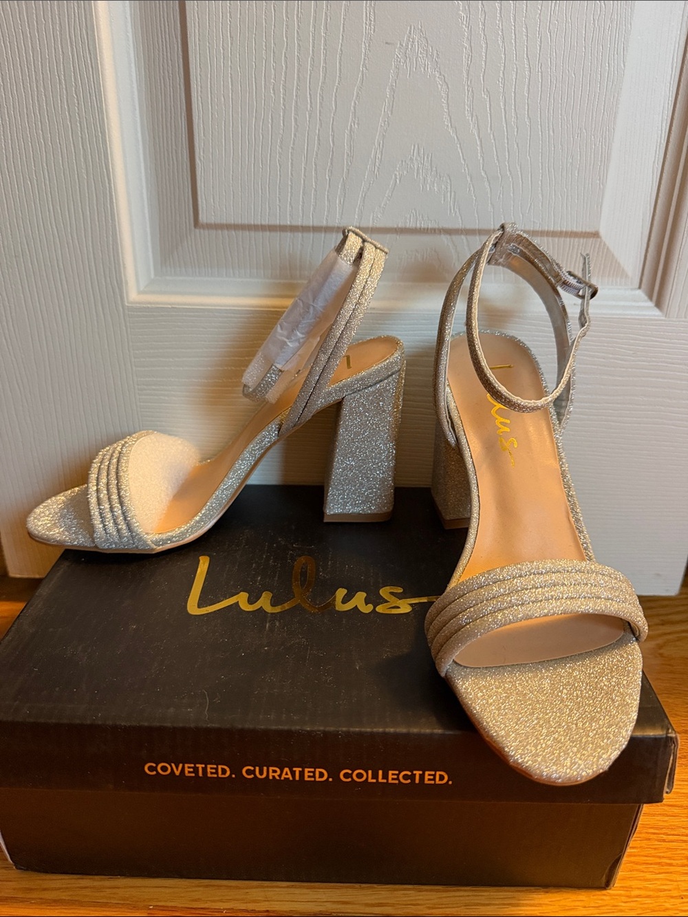 Lulu's Silver Glitter Block Heel Sandals with Ankle Strap